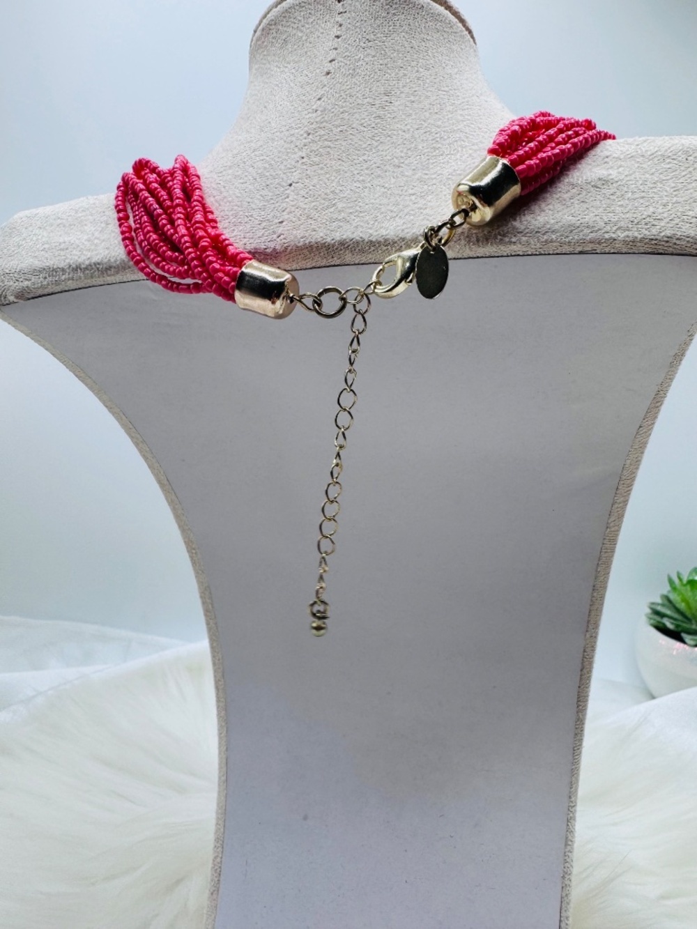 Pink & Gold Multi-Strand Seed Bead Statement Necklace | Adjustable Lobster Clasp - Picture 3 of 4